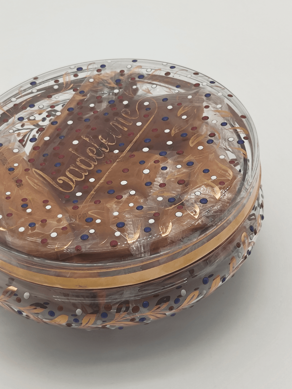 Boîte à biscuits peinte à la main, verre transparent (1960s-1970s)